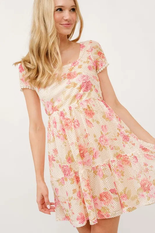 And The Why Square Neck Tiered Floral Fishnet Dress