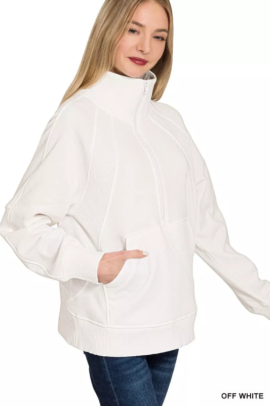Zenana Half Zip Fleece Sweatshirt with kangaroo Pocket