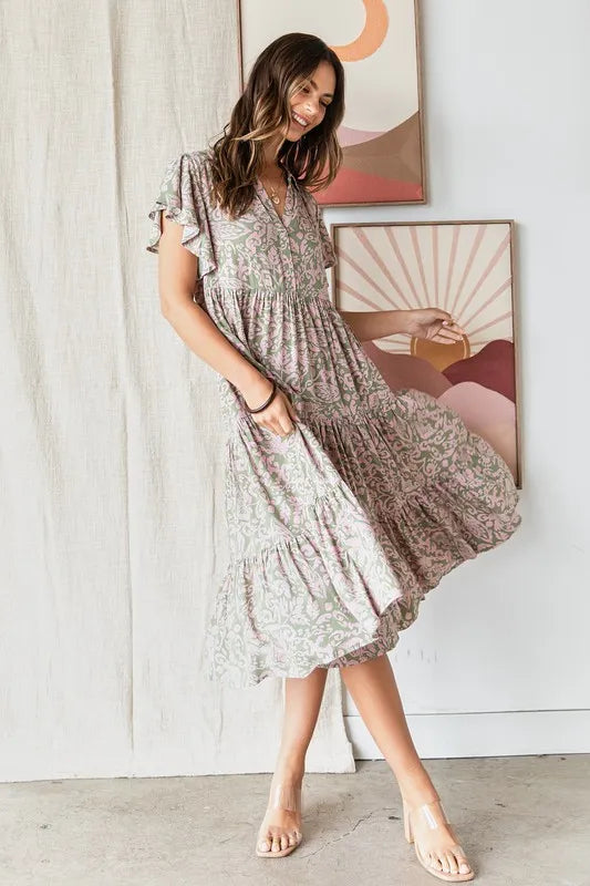 Mittoshop Abstract Print Ruffle Tier Midi Dress