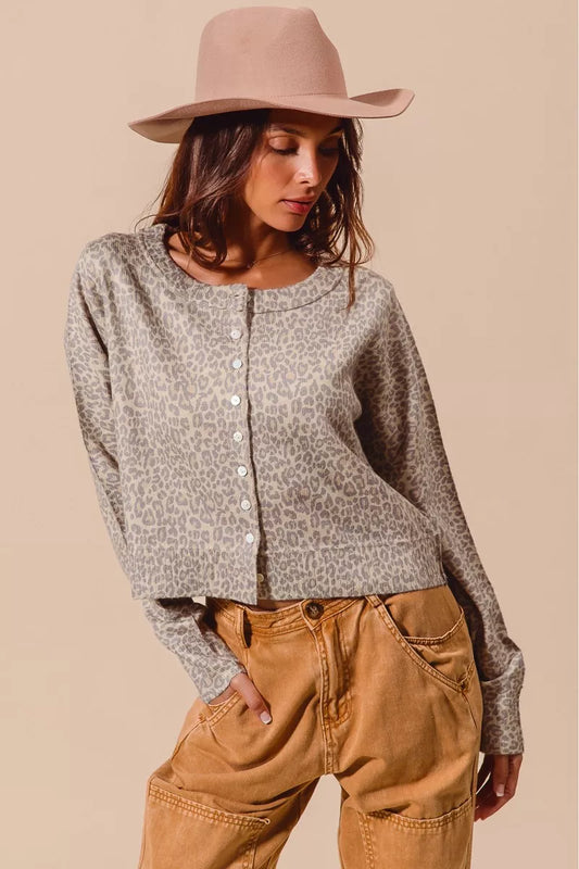 SO ME Two Tone Leopard Vintage Print Button Up Cardigan