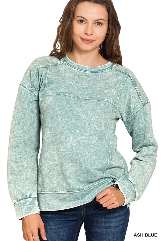 Zenana Acid Wash French Terry Exposed-Seam Pullover