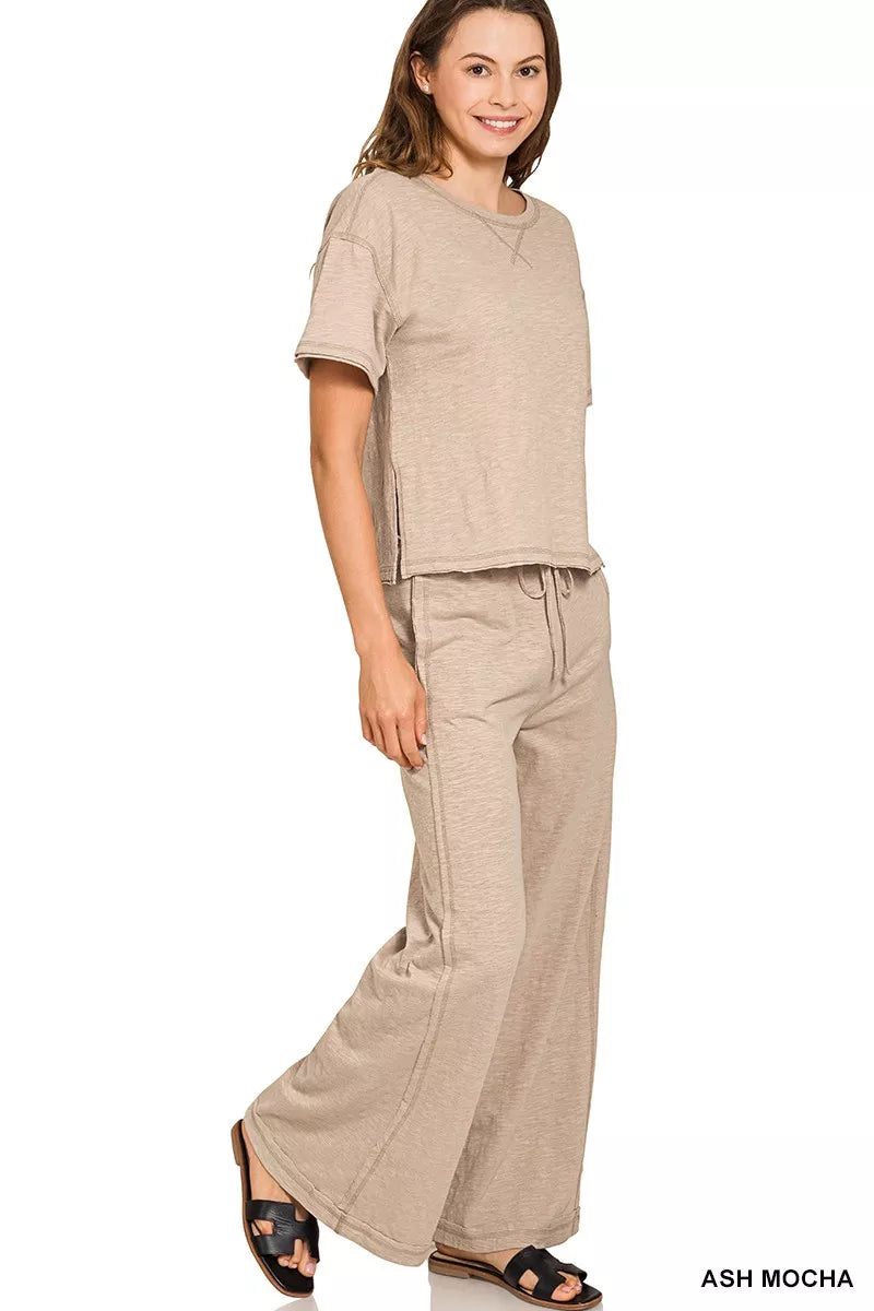 Zenana Cotton Slub Short Sleeve Tee and Pants Set