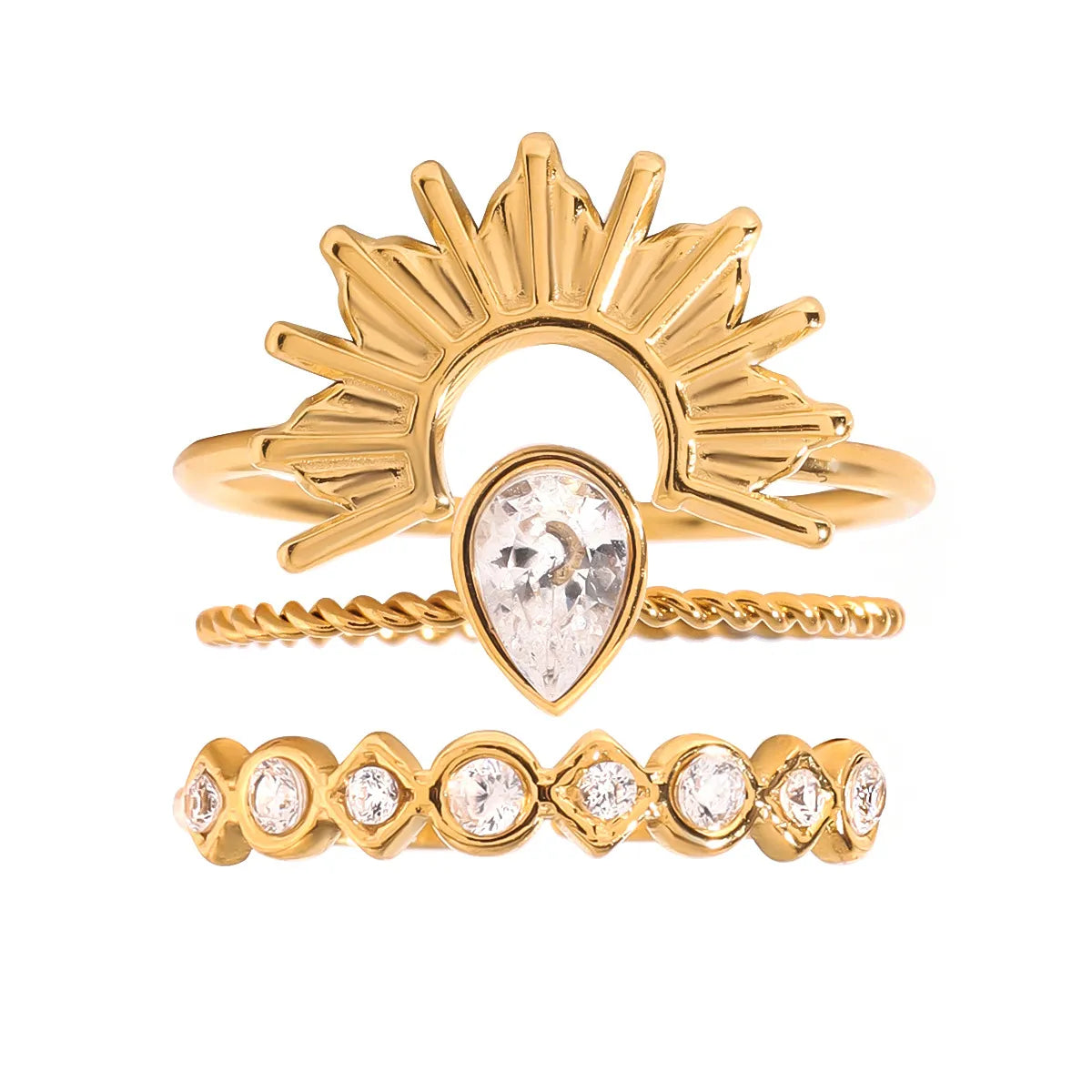 3 Piece Stainless Steel Rhinestone Sunburst Crown Ring