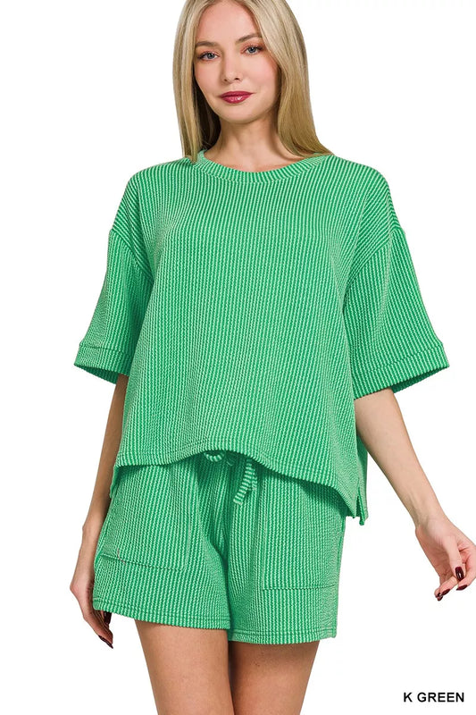 Zenana Raised Rib Short Sleeve Tee and Drawstring Shorts Set