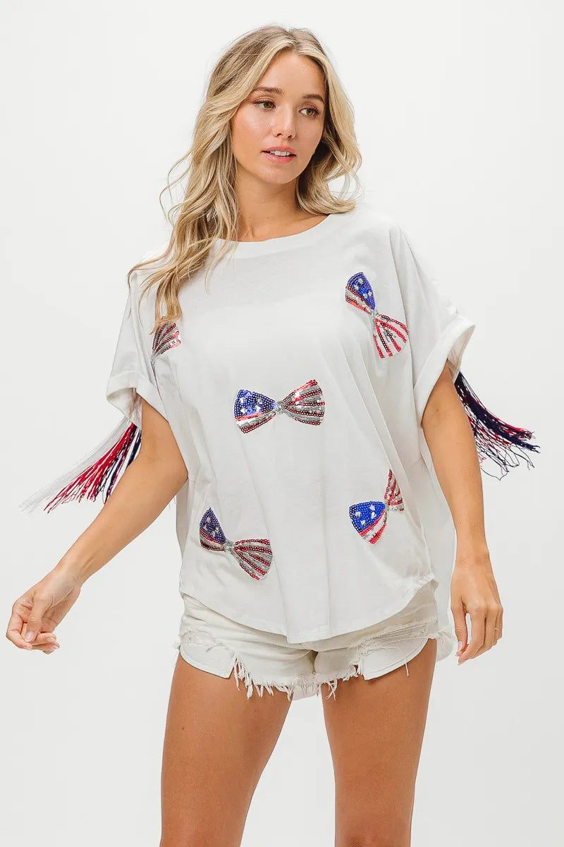BiBi American Flag Sequin Ribbon T-Shirt