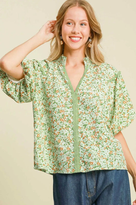 Umgee Full Size Floral Print Puff Sleeve Top Plus Size