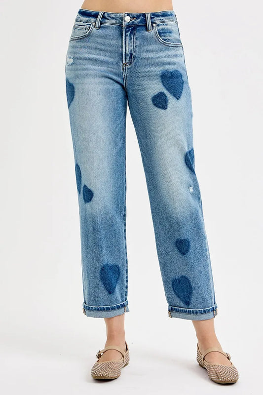 RISEN Full Size Mid Rise Fit-boyfriend Heart Shade Jeans Plus Size