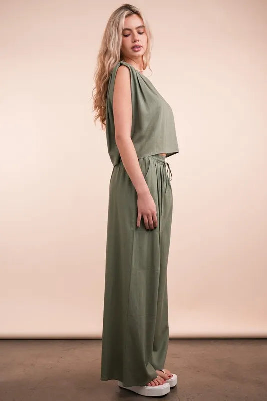 VERY J Solid Woven Top & Pants Set