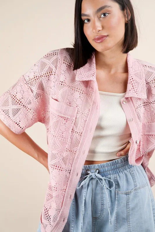 VERY J Plus Size Oversized Crochet Button Down Shirt Top