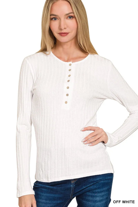 Zenana Ribbed Long Sleeve Half Button Top
