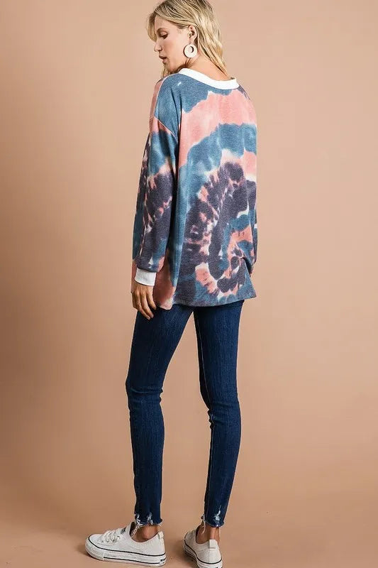 BiBi Tie Dye Deep V-Neck Top with Lace Up Front