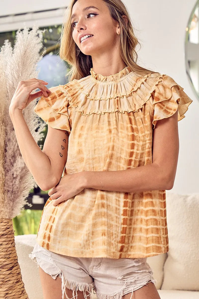 BiBi Tiered Ruffle Neck Tie Dye Top