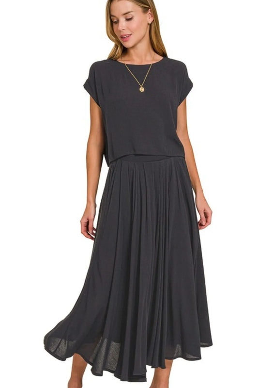 Zenana Woven Crinkle Gauze Crop Tee and Skirt Set
