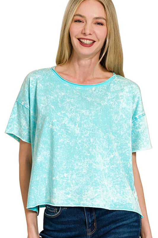 Zenana Washed Crew Neck Short Sleeve Crop Box Tee