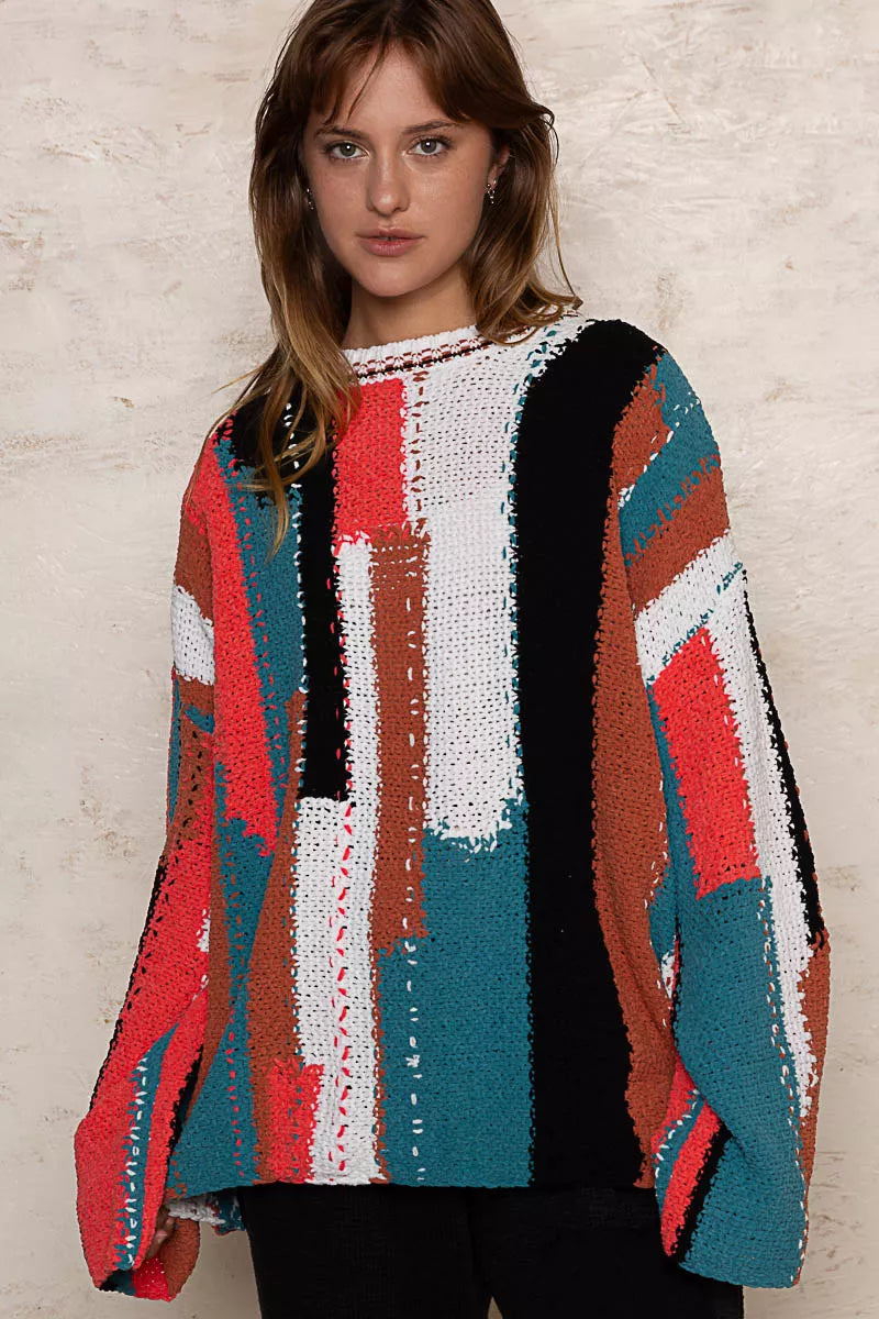 POL Color Block Round Neck Oversized Sweater
