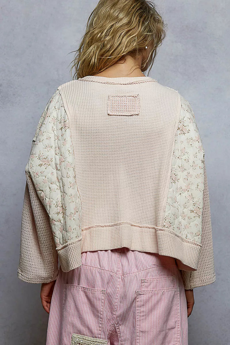 POL Mix Thermal Floral Pattern Quilted Knit Cropped Top with Raw Edge Detail