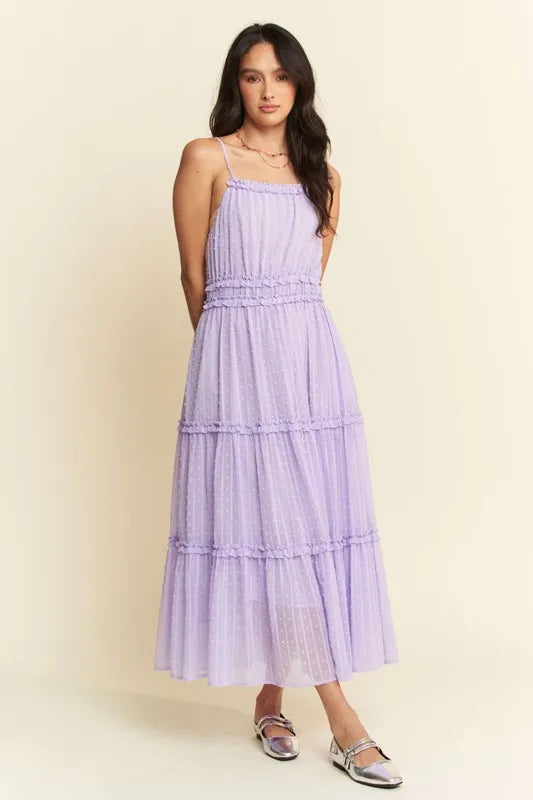 Davi & Dani Texture Swiss Dot Ruffle Square Neck Midi Dress
