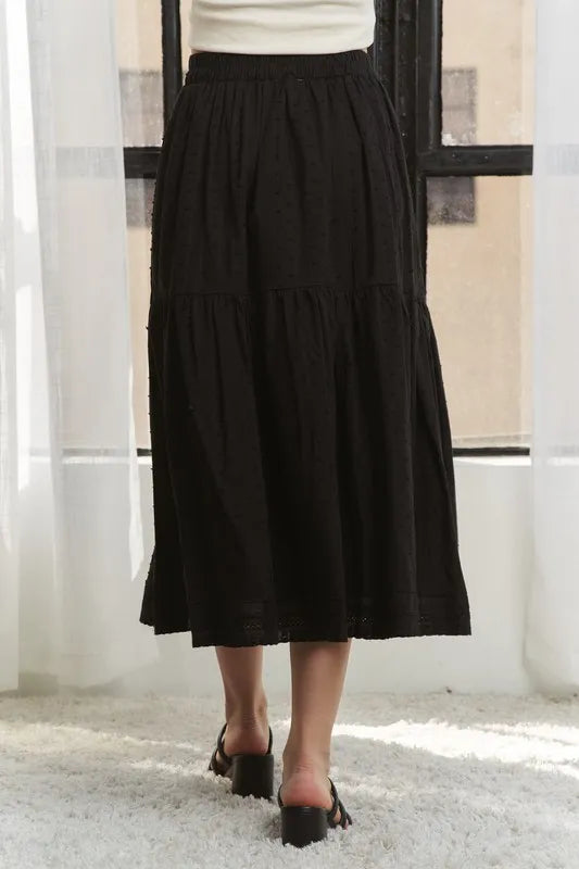ADORA Elastic Waistband Tiered Midi Skirt