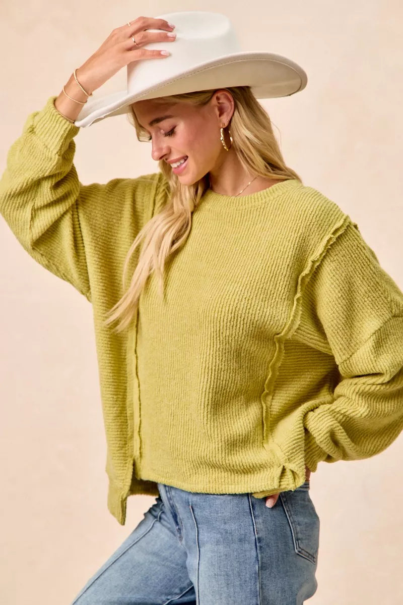 BiBi Boucle Rib Knit Uneven Hem Sweater With Open Seam