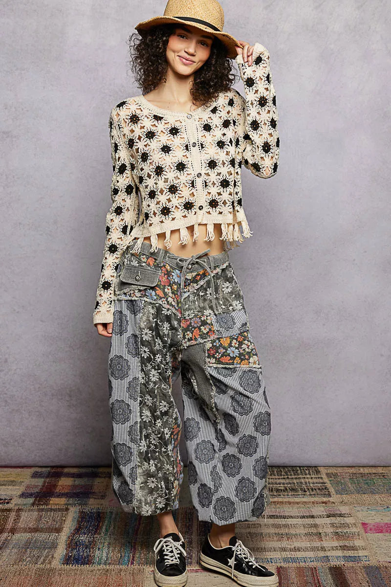 POL Openwork Floral Crochet Cardigan with Tassel Hem