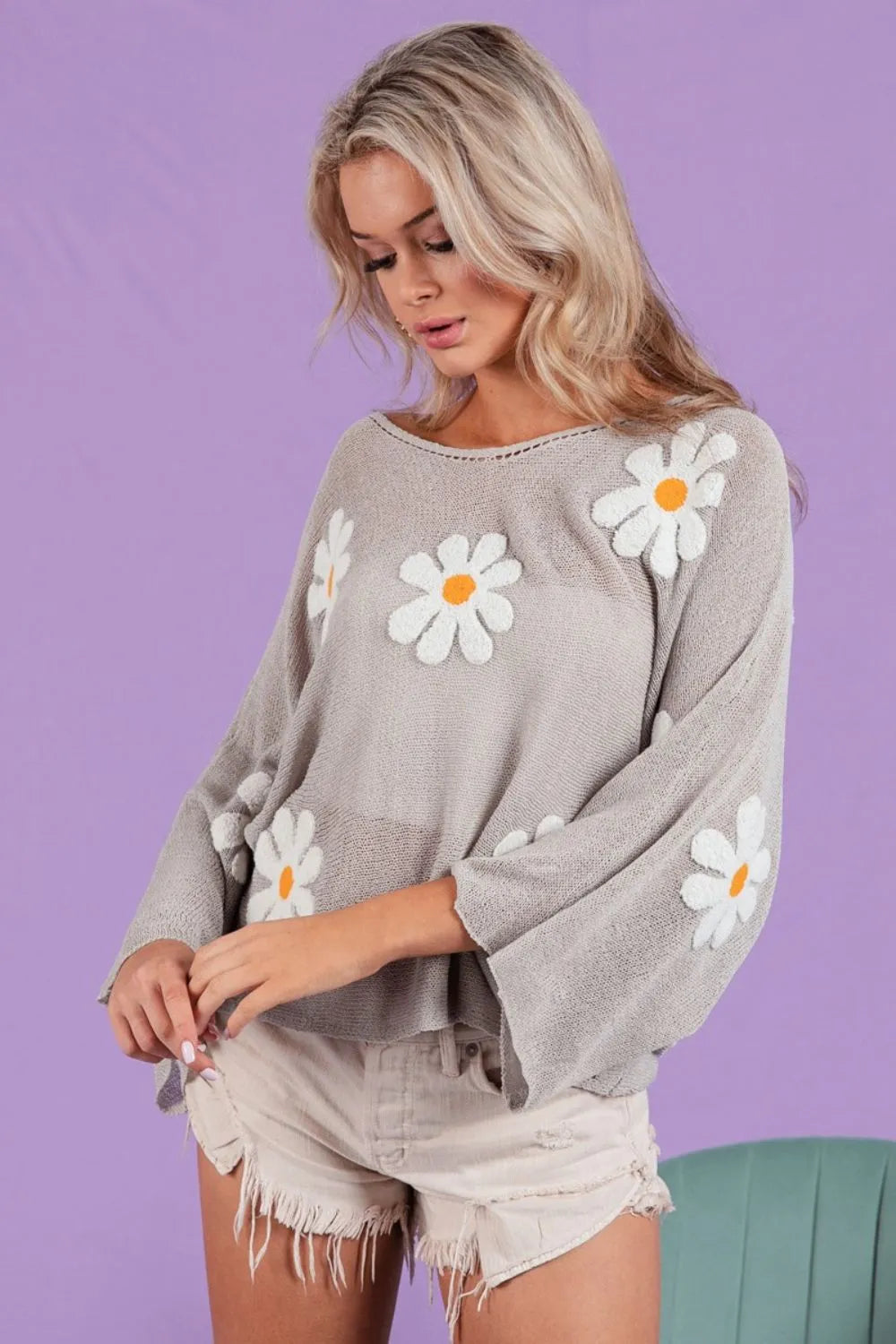 BiBi Flower Embroidery Loose Fit Knit Top