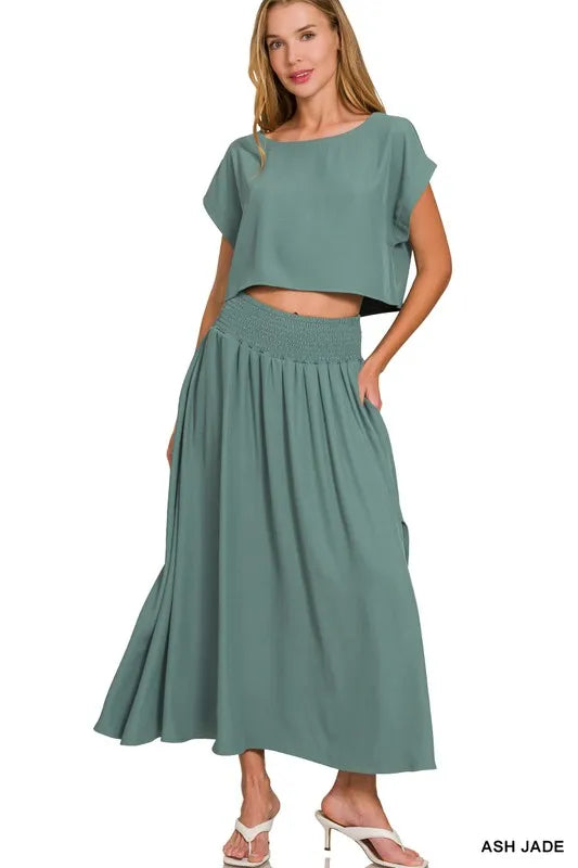 Zenana Heavy Woven Span Crop Tee & Skirt Set