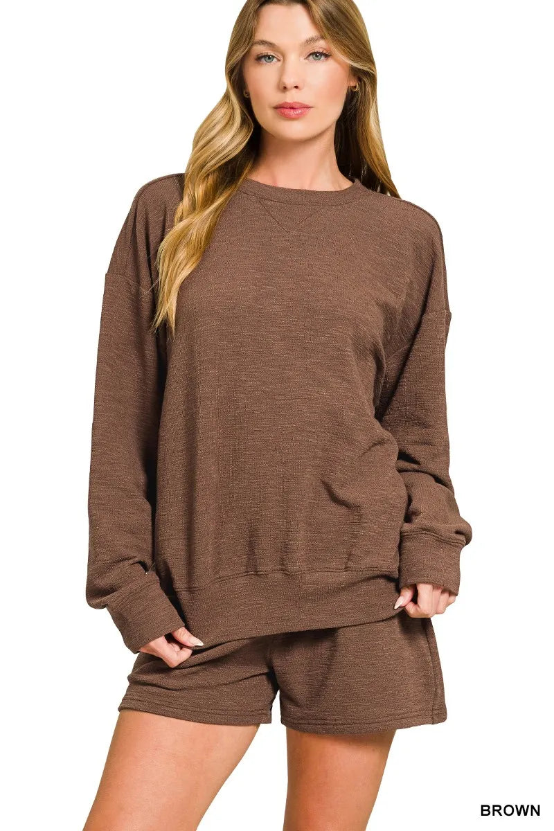 Zenana Slub Long Sleeve Top and Shorts Set