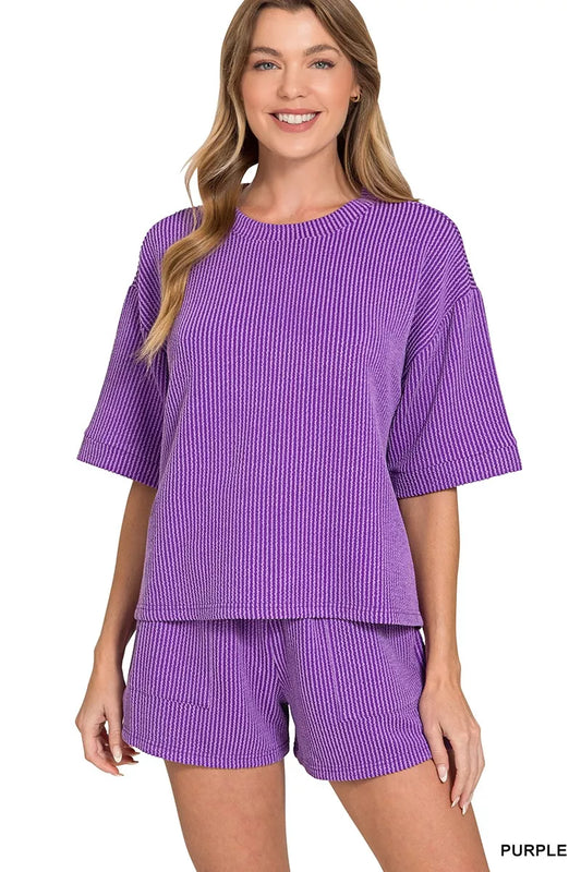 Zenana Raised Rib Short Sleeve Tee and Drawstring Shorts Set