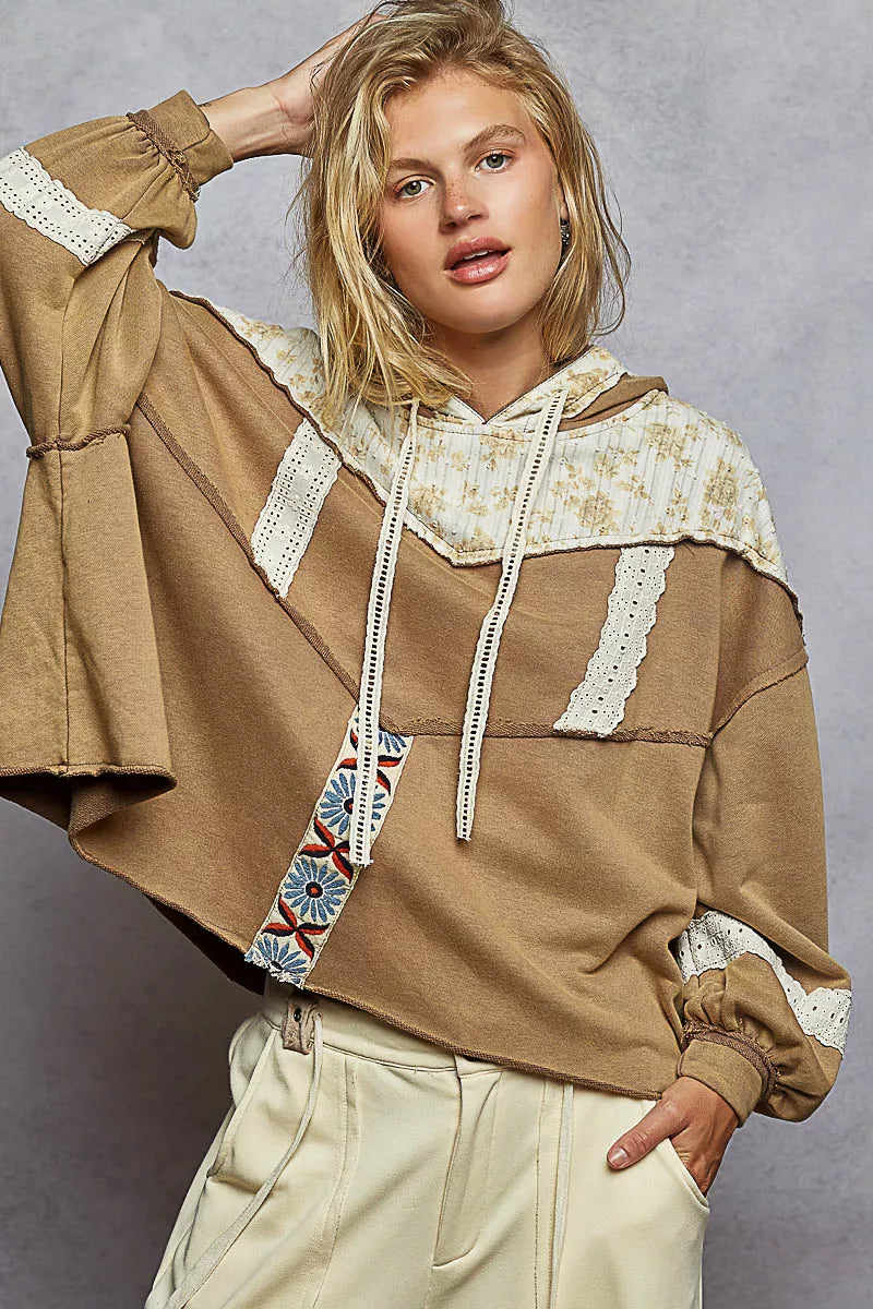 POL Drawstring French Terry Hoodie with Gauze Print Patch