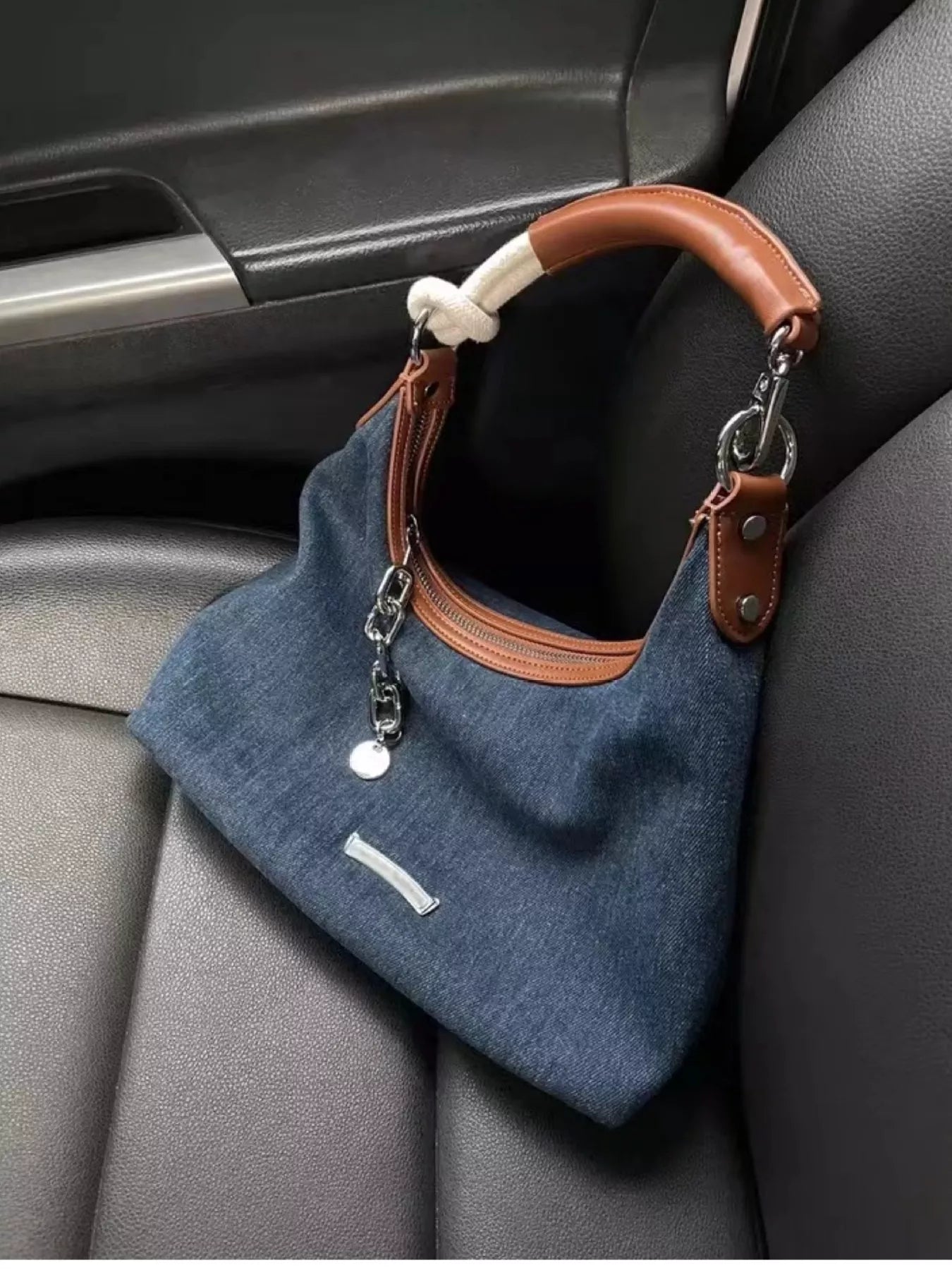 Denim Shoulder Bag with Leather Handle
