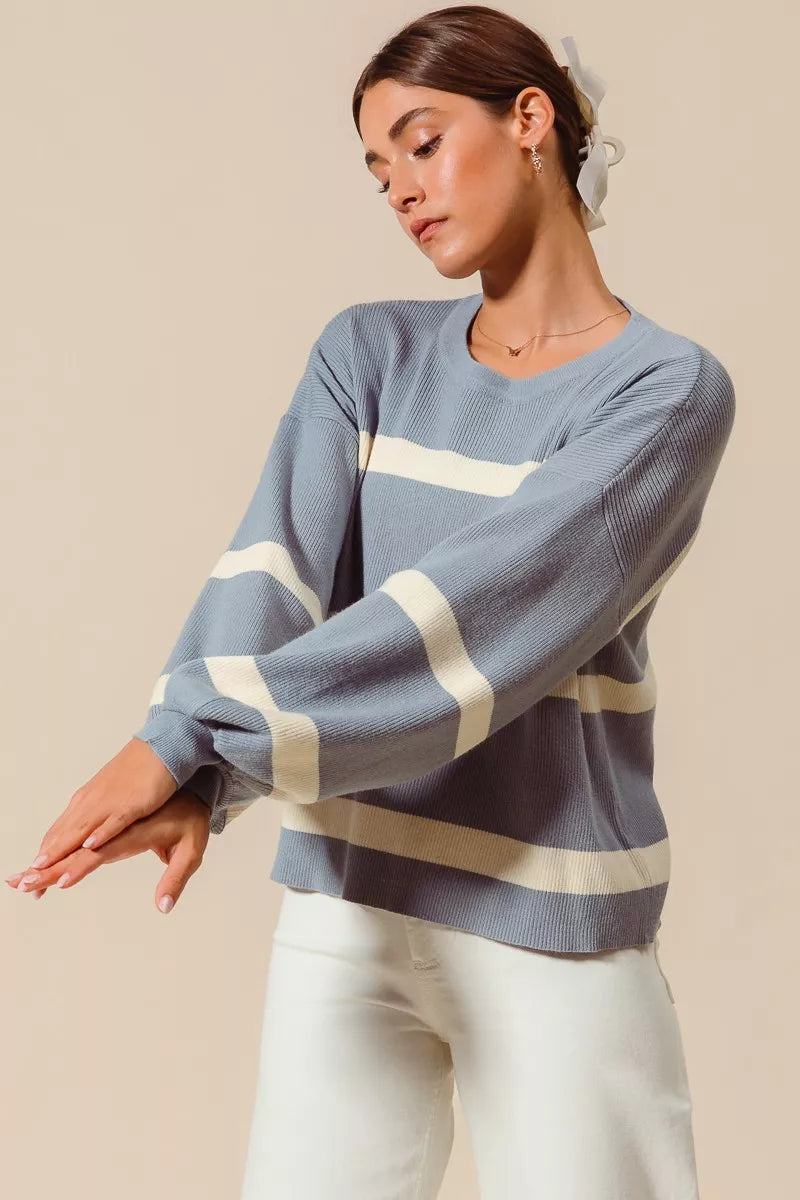SO ME Ribbed Striped Round Neck Sweater