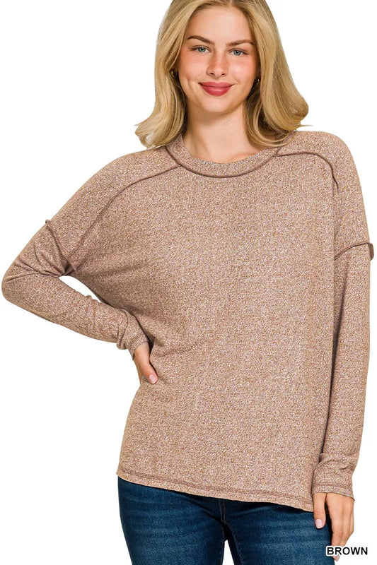 Zenana Full Size Melange Hacci Exposed Seam Hi-low Tee Plus Size