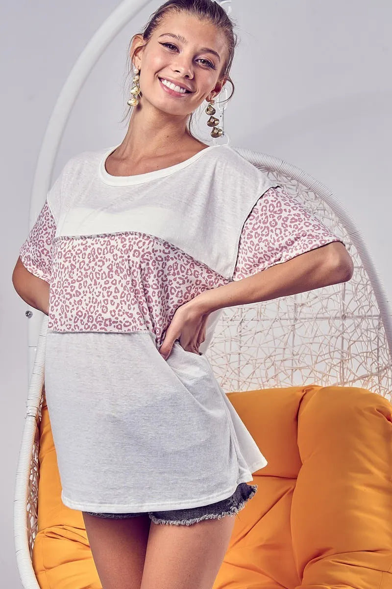 BiBi Triblend Knit with Leopard Block Out Stitching