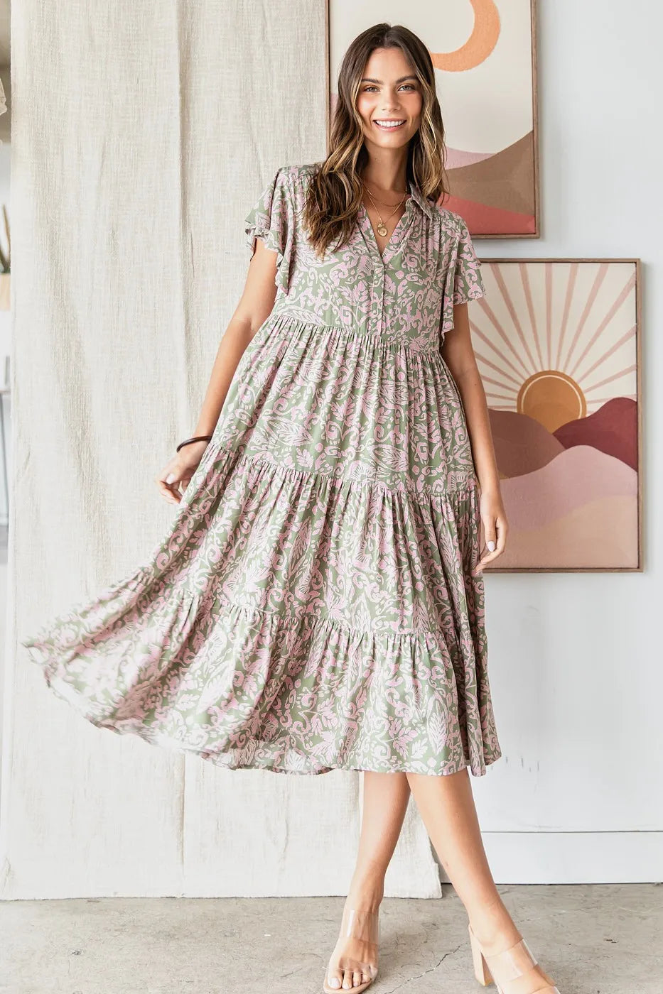 Mittoshop Abstract Print Ruffle Tier Midi Dress