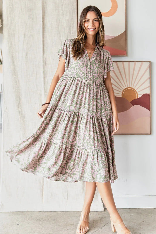 Mittoshop Abstract Print Ruffle Tier Midi Dress