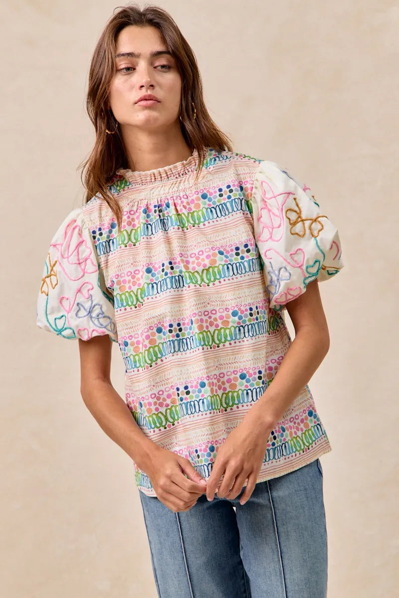 BiBi Ruffle Neckline Blouse With Embroidery Bubble Sleeve