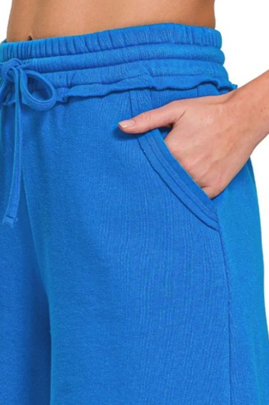 Zenana Fleece Raw Hem Shorts With Draw String