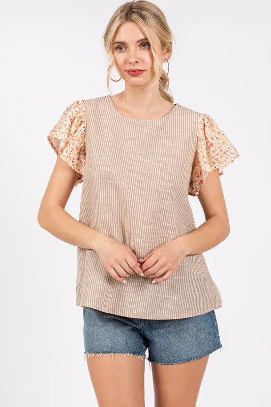 Ces Femme Round Neck Floral Short Sleeve Top