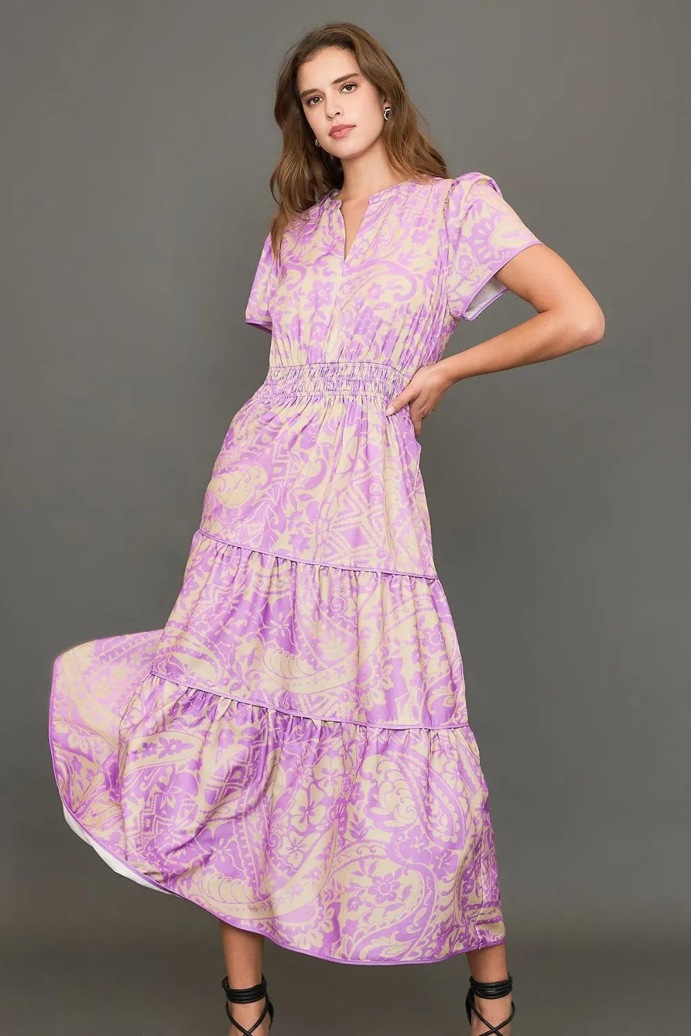Umgee Full Size Printed Notched Short Sleeve Tiered Dress Plus Size