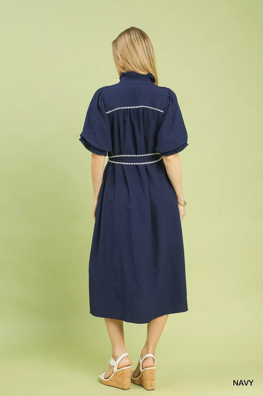 Umgee Ruffle Collar Midi Dress with Stripe Trim