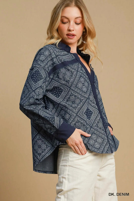 Umgee Paisley Print Denim Shirt Jacket