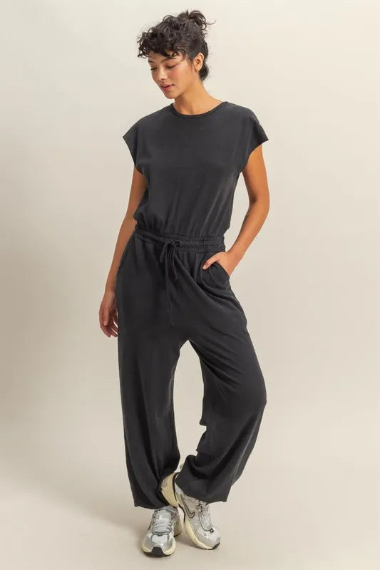HYFVE Back Keyhole Round Neck Cap Sleeve Drawstring Jumpsuit