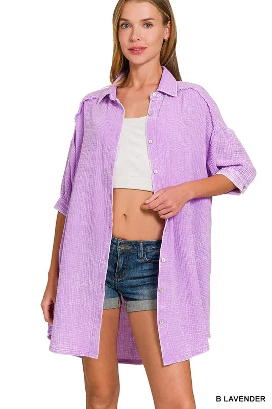 Zenana Washed Double Gauze Button Down Shirt Dress