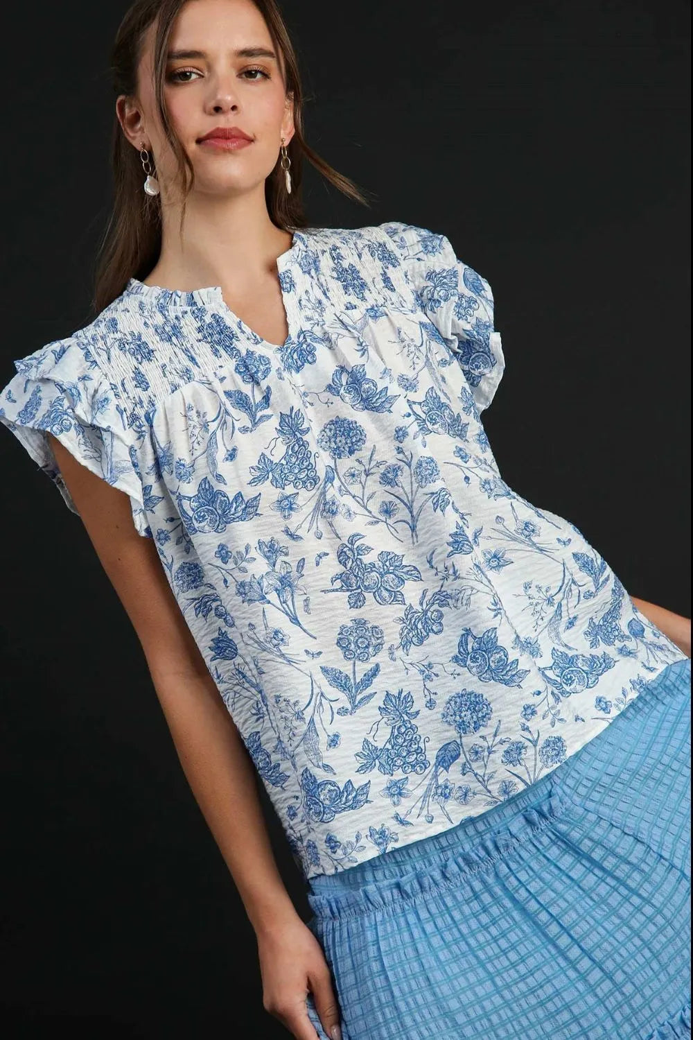 Umgee Full Size Two Tone Boxy Cut Floral Print Blouse Plus Size