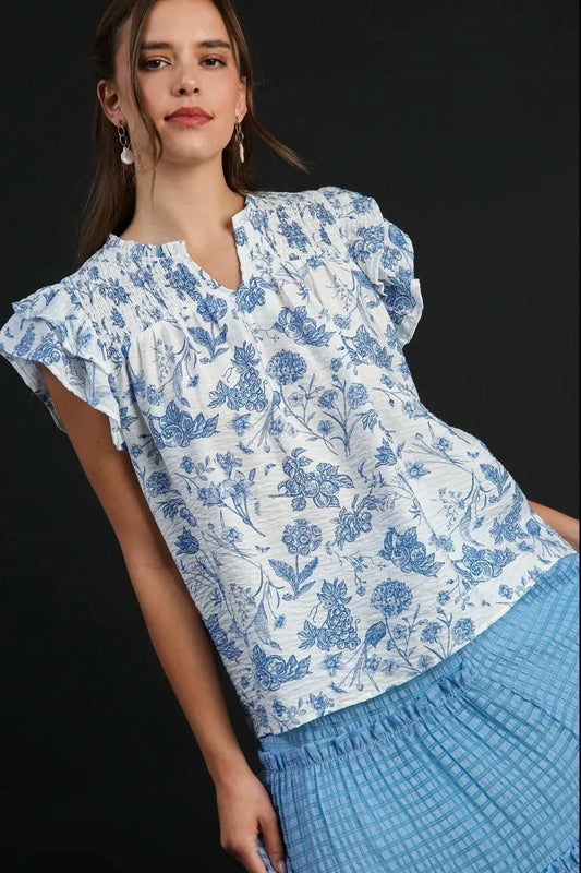Umgee Full Size Two Tone Boxy Cut Floral Print Blouse Plus Size