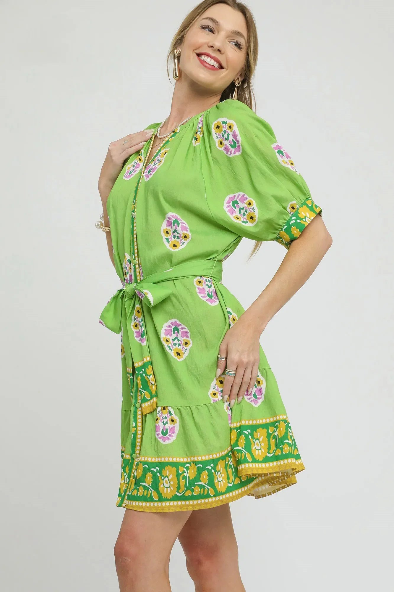 Umgee Floral Print Tie Waist Short Sleeve Dress