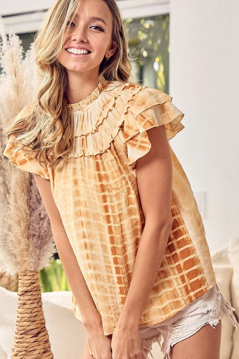 BiBi Tiered Ruffle Neck Tie Dye Top