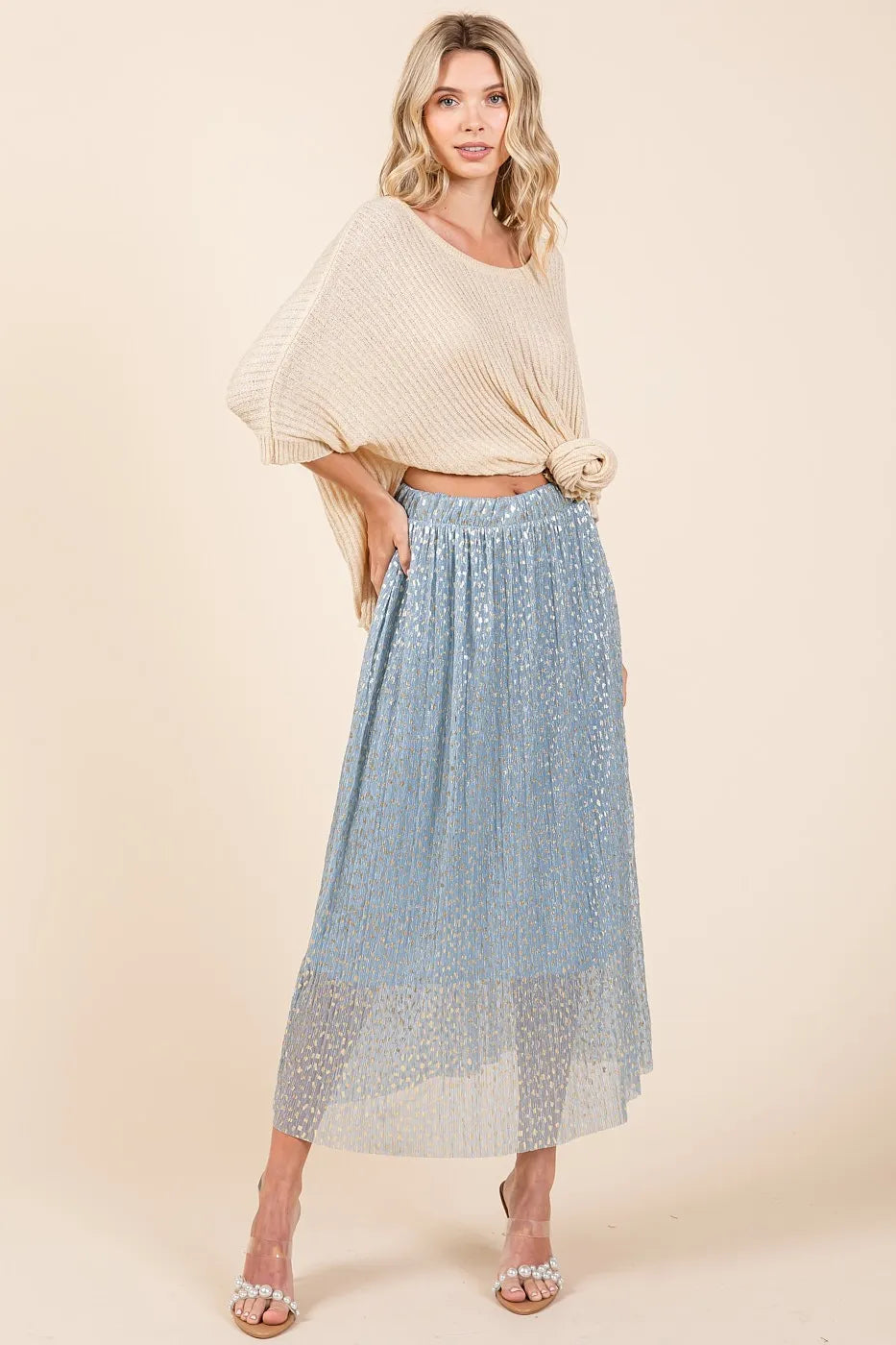 Mittoshop Metallic Glitter Speckle Print Elastic Midi Skirt