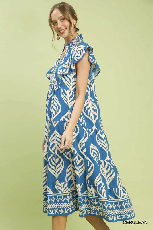 Umgee Leaf Print Tiered Midi Dress with Pockets