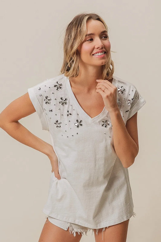 BiBi Slub Jersey Rhinestone V Neck Top